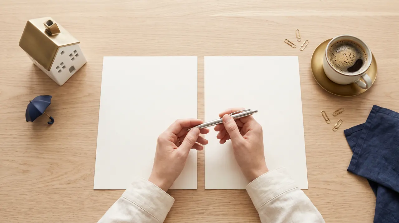 Deux documents comparés sur une table, une maquette de maison à côté